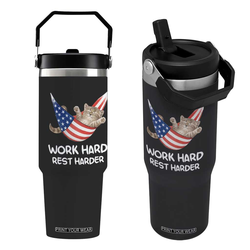 Funny Lazy Cat Flip Straw Tumbler Work Hard Rest Harder Cute Kitty Humor TS14 One Size: 30 oz Black Print Your Wear