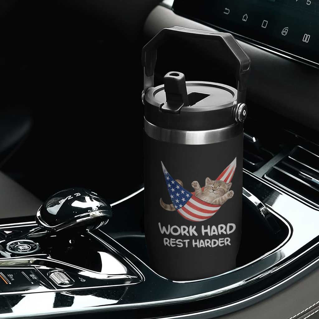 Funny Lazy Cat Flip Straw Tumbler Work Hard Rest Harder Cute Kitty Humor TS14 Print Your Wear