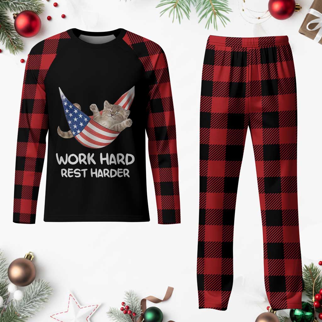 Funny Lazy Cat Plaid Pajama Set Work Hard Rest Harder Cute Kitty Humor TS14 Buffalo Plaid Print Your Wear