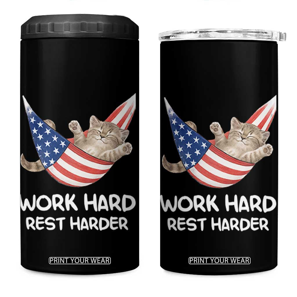 Funny Lazy Cat 4 in 1 Can Cooler Tumbler Work Hard Rest Harder Cute Kitty Humor TS14 One Size: 16 oz Black Print Your Wear