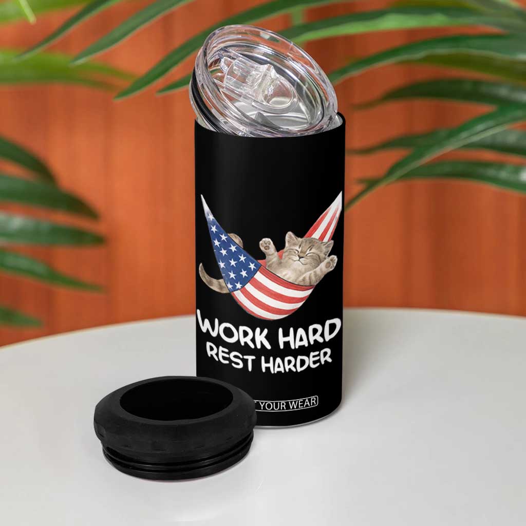 Funny Lazy Cat 4 in 1 Can Cooler Tumbler Work Hard Rest Harder Cute Kitty Humor TS14 Print Your Wear