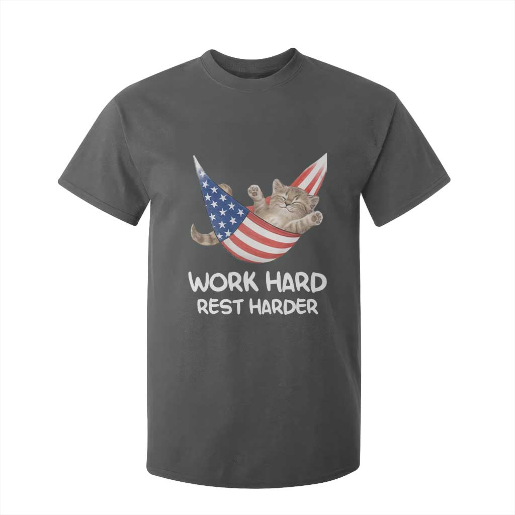 Funny Lazy Cat T Shirt For Kid Work Hard Rest Harder Cute Kitty Humor TS14 Dark Heather Print Your Wear