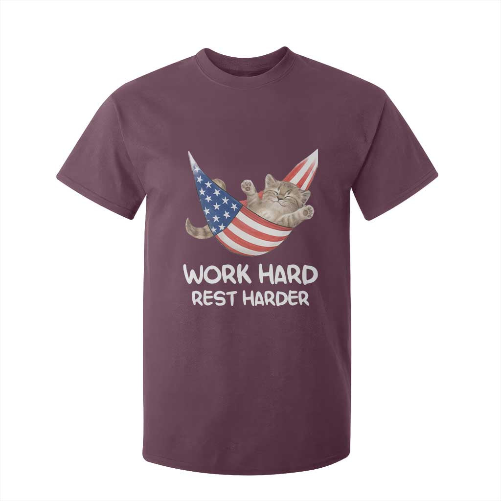 Funny Lazy Cat T Shirt For Kid Work Hard Rest Harder Cute Kitty Humor TS14 Maroon Print Your Wear