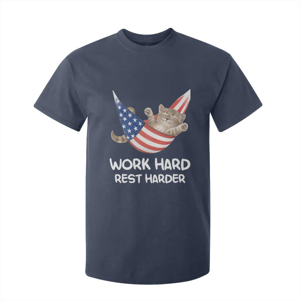 Funny Lazy Cat T Shirt For Kid Work Hard Rest Harder Cute Kitty Humor TS14 Navy Print Your Wear