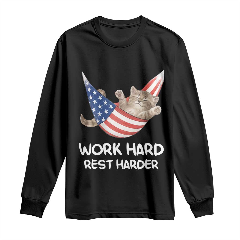Funny Lazy Cat Long Sleeve Shirt Work Hard Rest Harder Cute Kitty Humor TS14 Black Print Your Wear