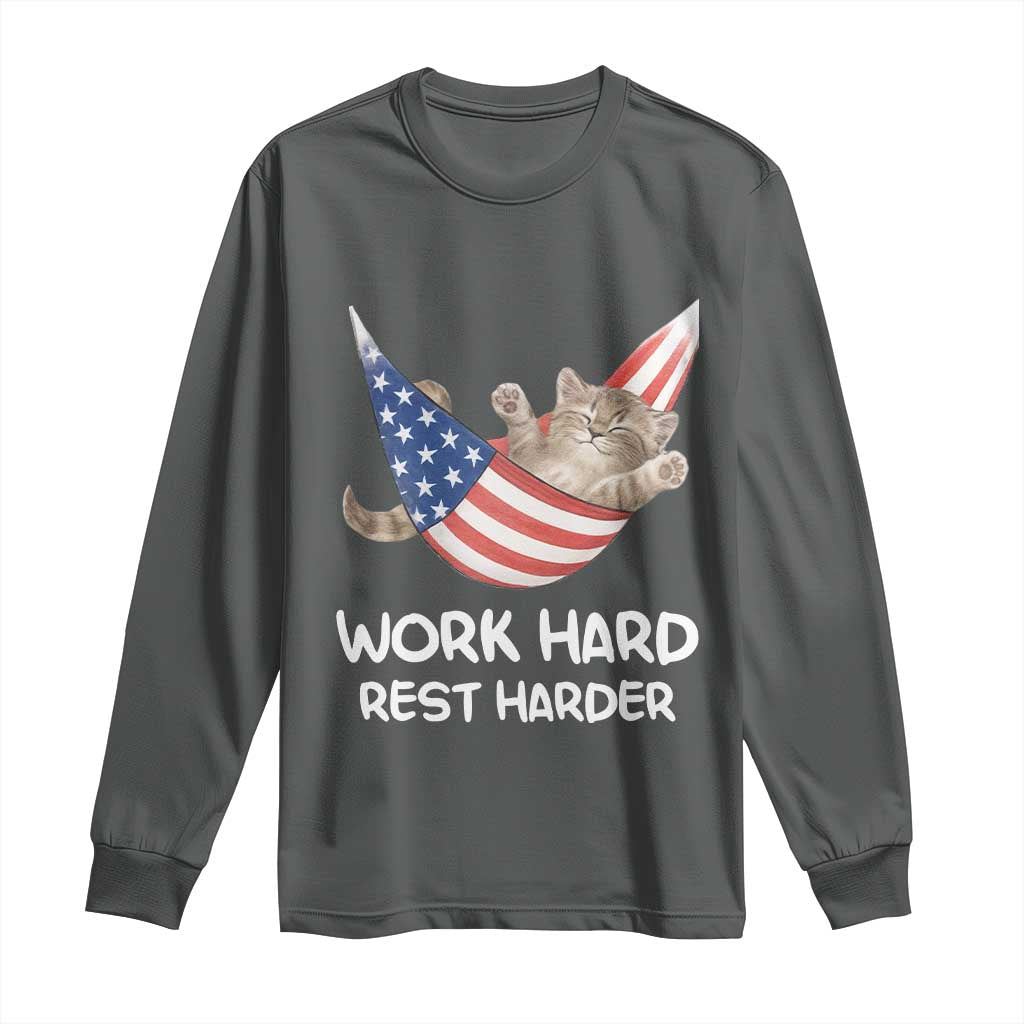 Funny Lazy Cat Long Sleeve Shirt Work Hard Rest Harder Cute Kitty Humor TS14 Dark Heather Print Your Wear