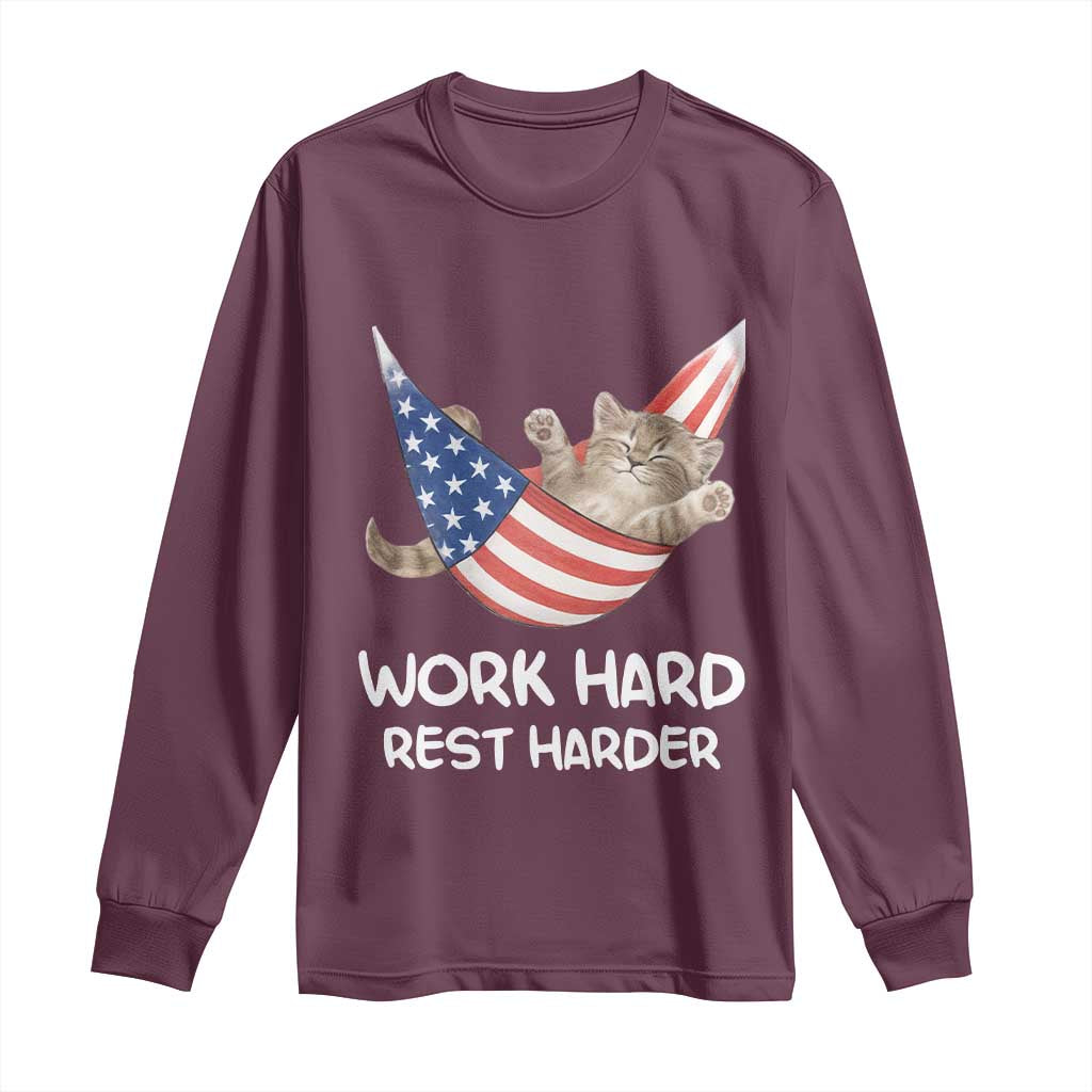 Funny Lazy Cat Long Sleeve Shirt Work Hard Rest Harder Cute Kitty Humor TS14 Maroon Print Your Wear