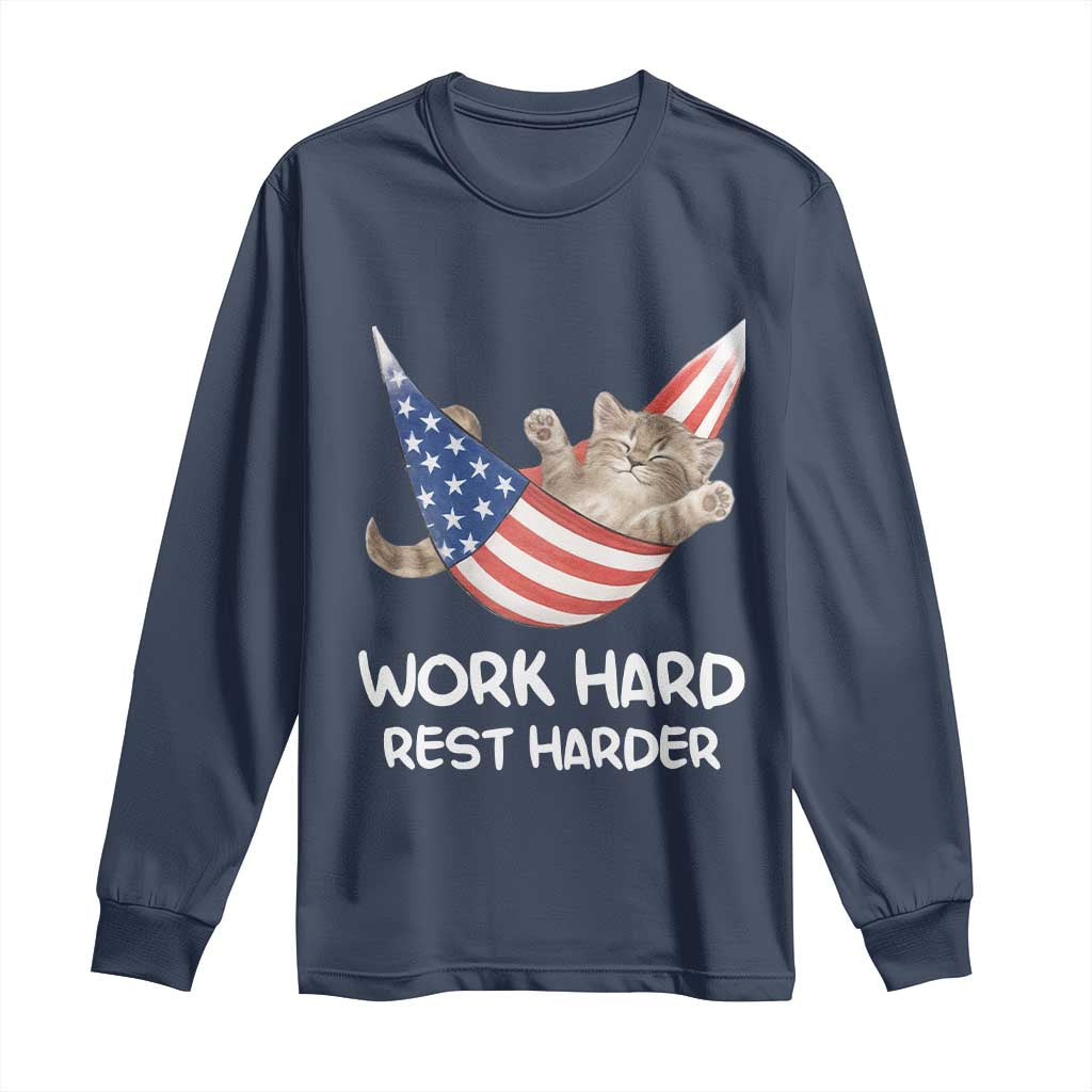 Funny Lazy Cat Long Sleeve Shirt Work Hard Rest Harder Cute Kitty Humor TS14 Navy Print Your Wear