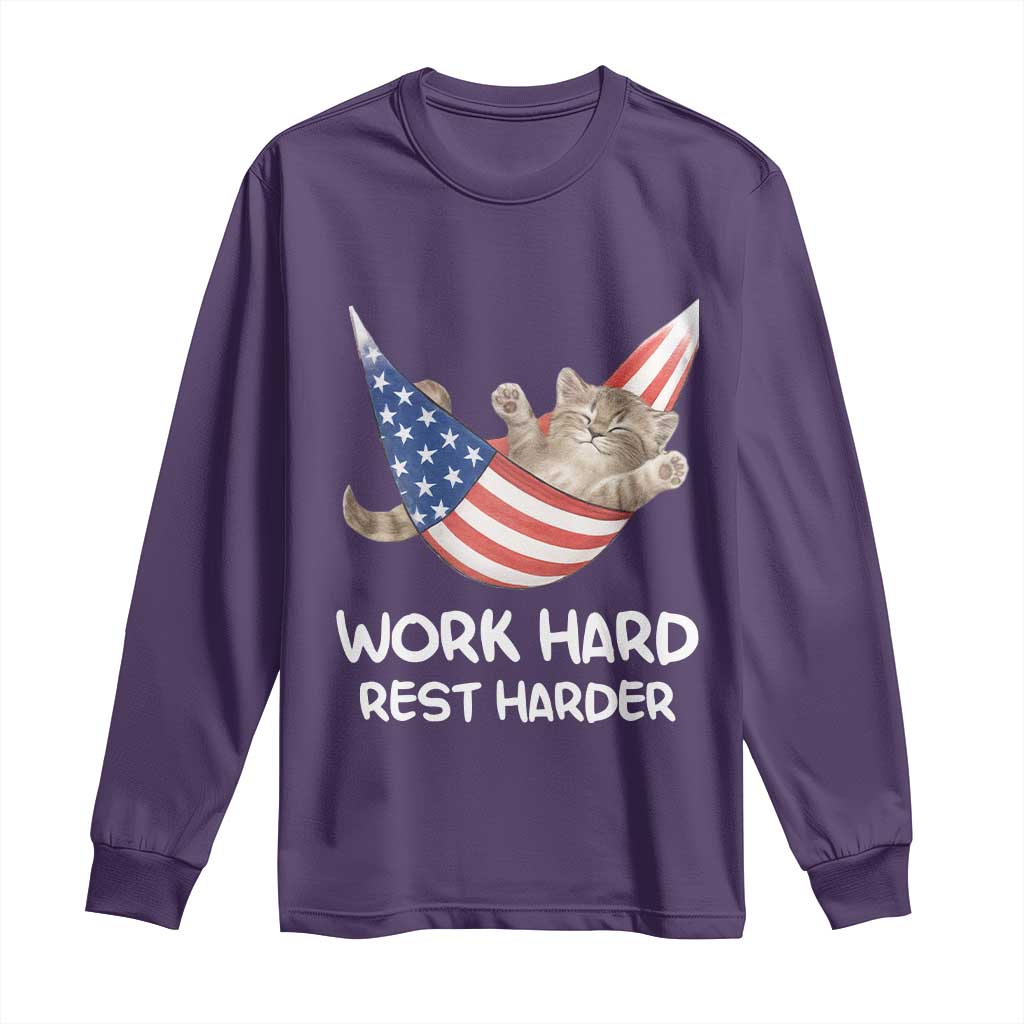 Funny Lazy Cat Long Sleeve Shirt Work Hard Rest Harder Cute Kitty Humor TS14 Purple Print Your Wear