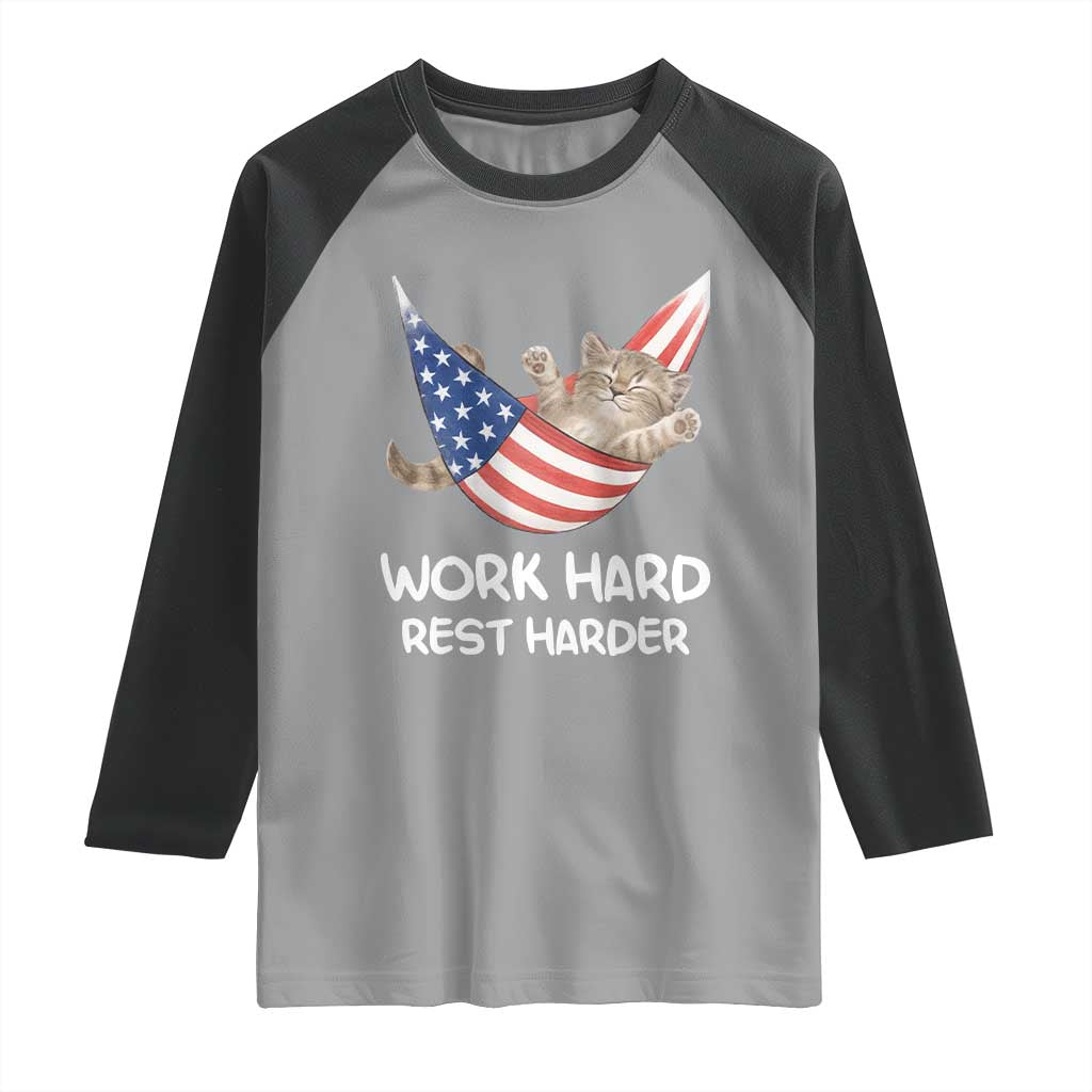 Funny Lazy Cat Raglan Shirt Work Hard Rest Harder Cute Kitty Humor TS14 Sport Gray Black Print Your Wear