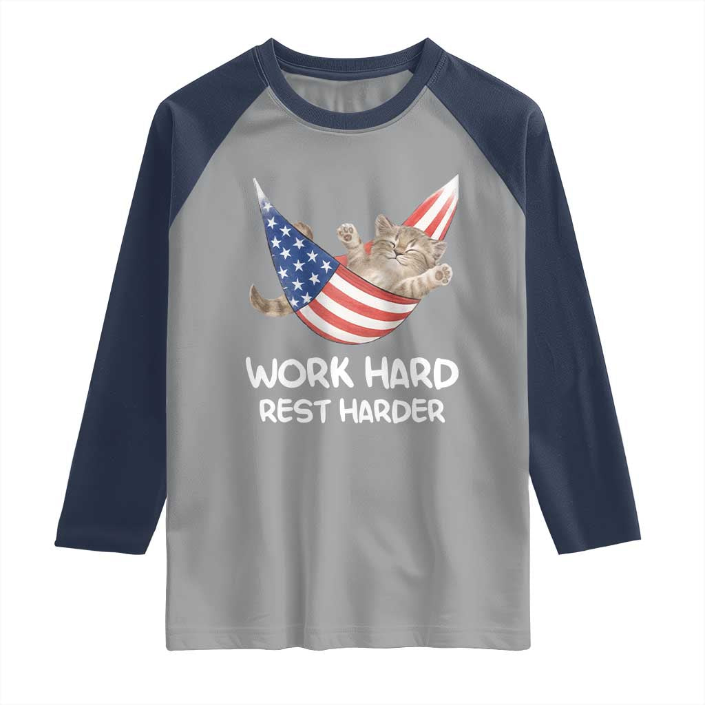 Funny Lazy Cat Raglan Shirt Work Hard Rest Harder Cute Kitty Humor TS14 Sport Gray Navy Print Your Wear