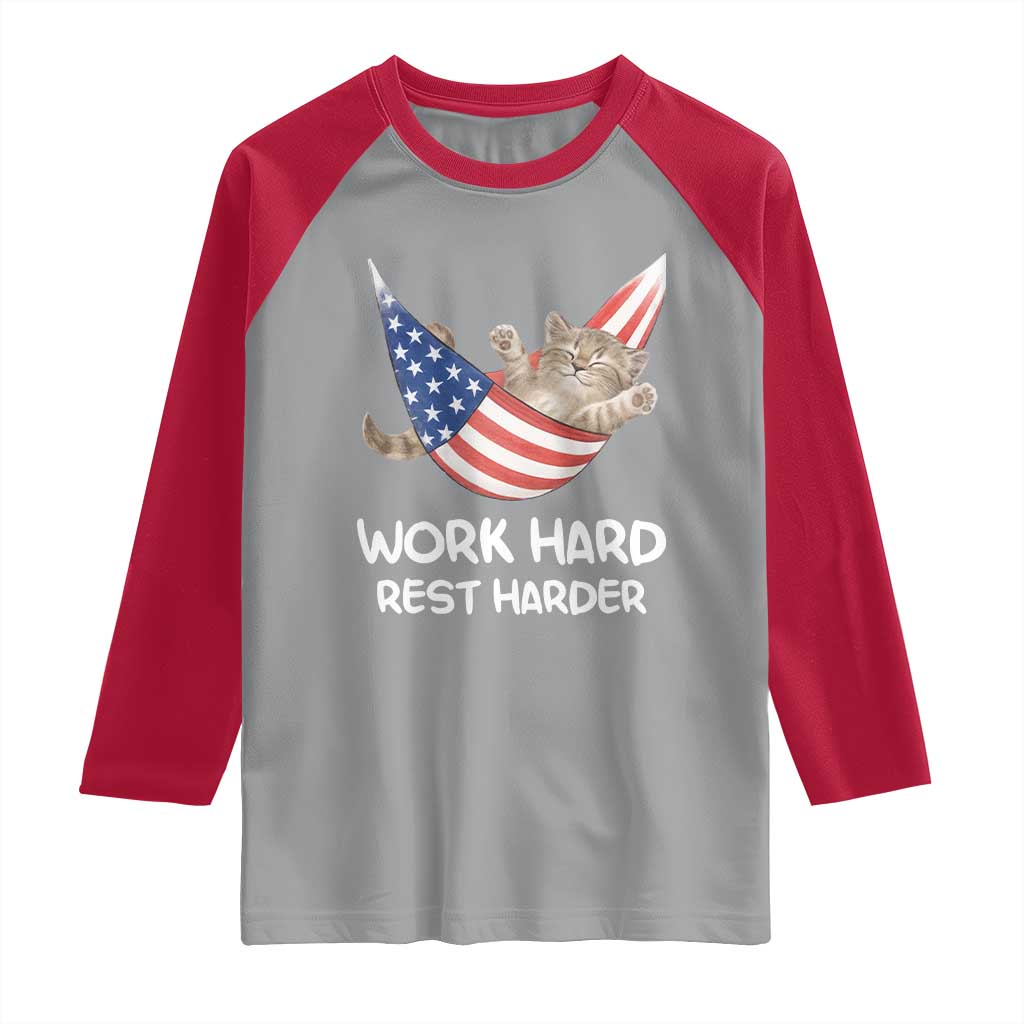 Funny Lazy Cat Raglan Shirt Work Hard Rest Harder Cute Kitty Humor TS14 Sport Gray Red Print Your Wear
