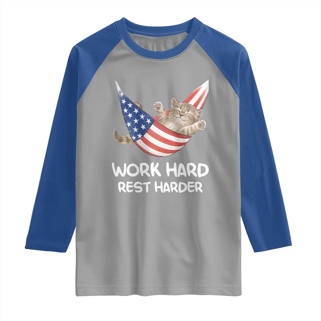 Funny Lazy Cat Raglan Shirt Work Hard Rest Harder Cute Kitty Humor TS14 Sport Gray Royal Print Your Wear
