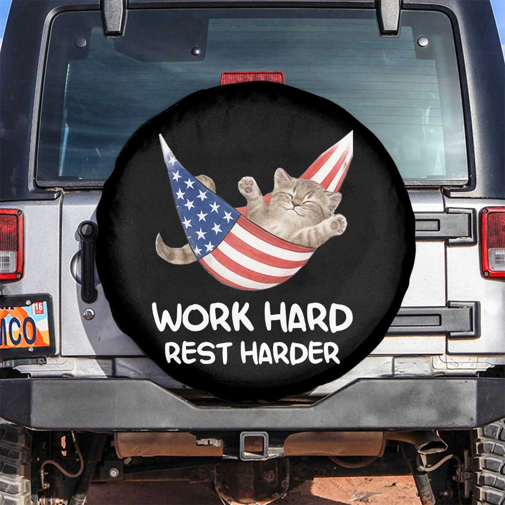 Funny Lazy Cat Spare Tire Cover Work Hard Rest Harder Cute Kitty Humor TS14 No hole Black Print Your Wear