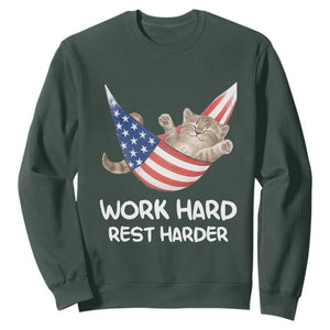 Funny Lazy Cat Sweatshirt Work Hard Rest Harder Cute Kitty Humor TS14 Dark Forest Green Print Your Wear