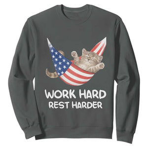 Funny Lazy Cat Sweatshirt Work Hard Rest Harder Cute Kitty Humor TS14 Dark Heather Print Your Wear
