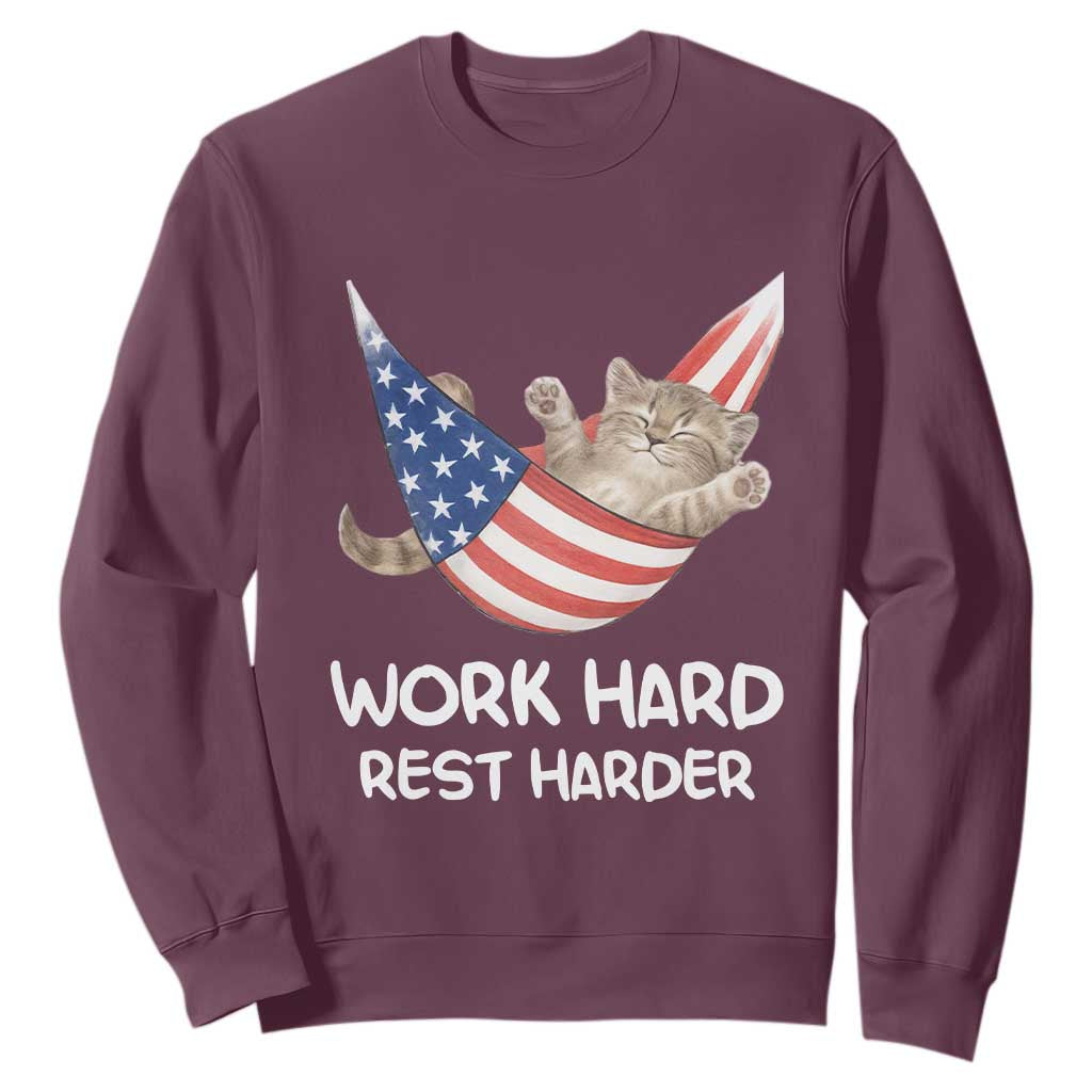 Funny Lazy Cat Sweatshirt Work Hard Rest Harder Cute Kitty Humor TS14 Maroon Print Your Wear