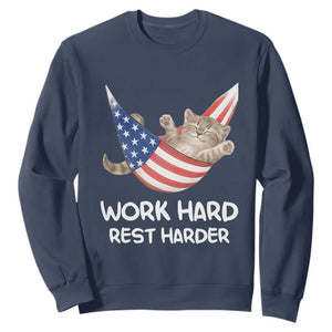 Funny Lazy Cat Sweatshirt Work Hard Rest Harder Cute Kitty Humor TS14 Navy Print Your Wear