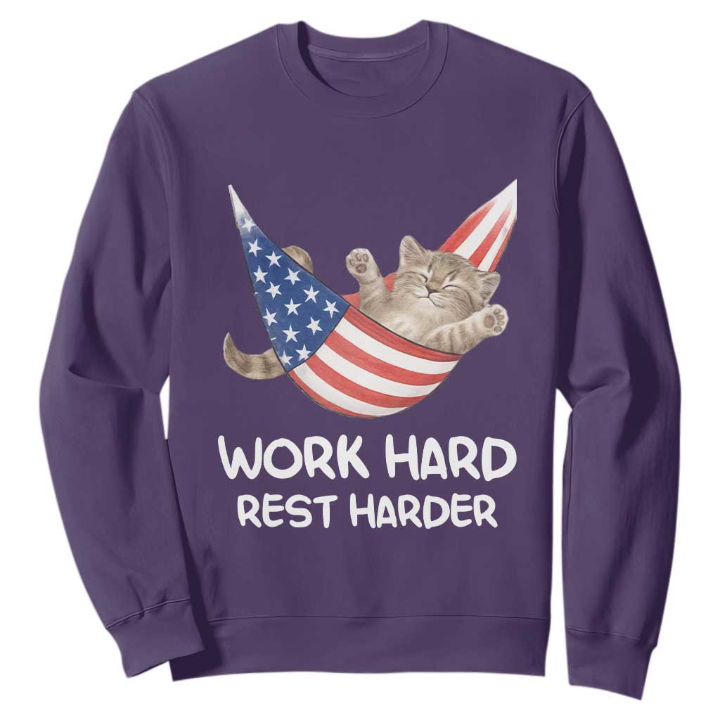 Funny Lazy Cat Sweatshirt Work Hard Rest Harder Cute Kitty Humor TS14 Purple Print Your Wear