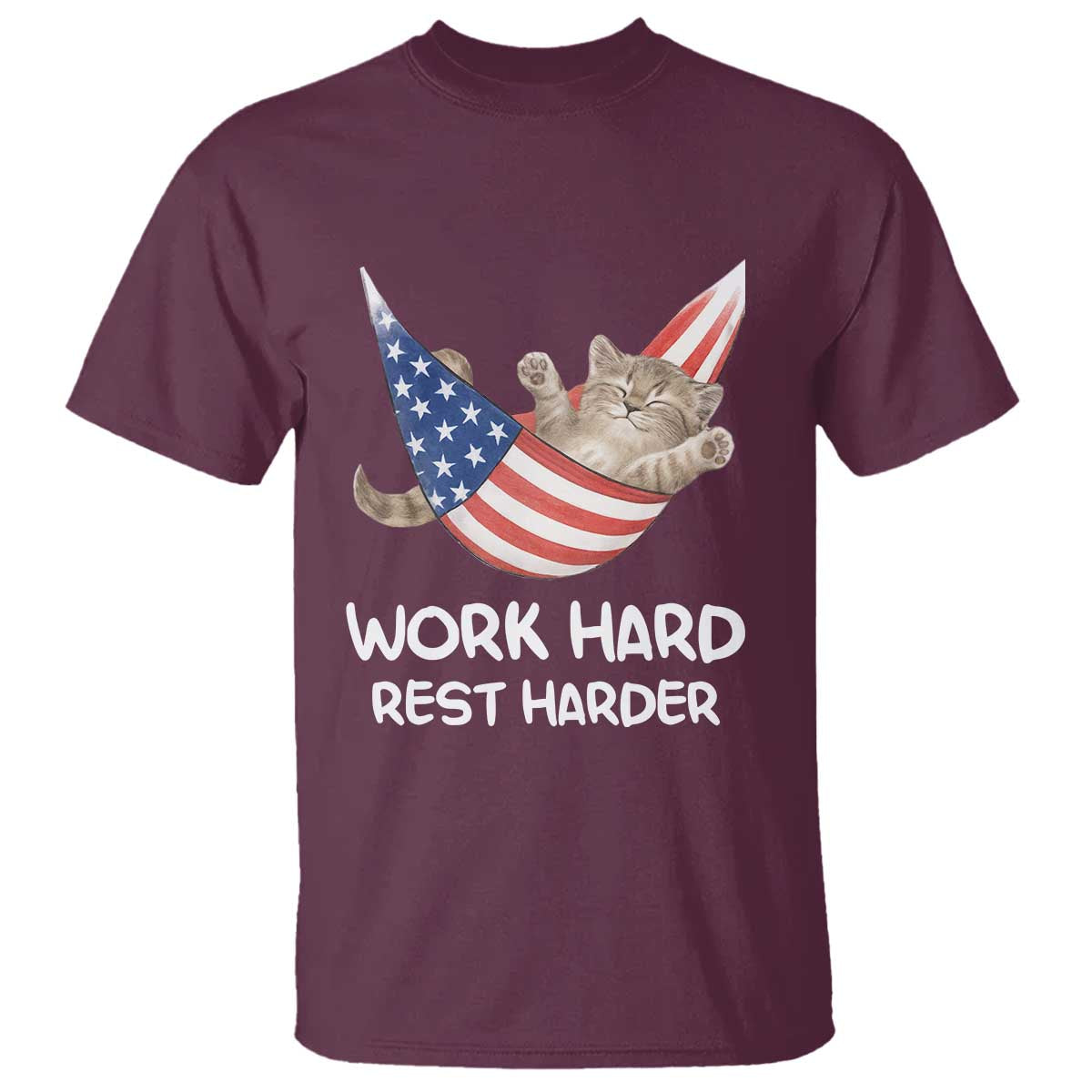 Funny Lazy Cat T Shirt Work Hard Rest Harder Cute Kitty Humor TS14 Maroon Print Your Wear