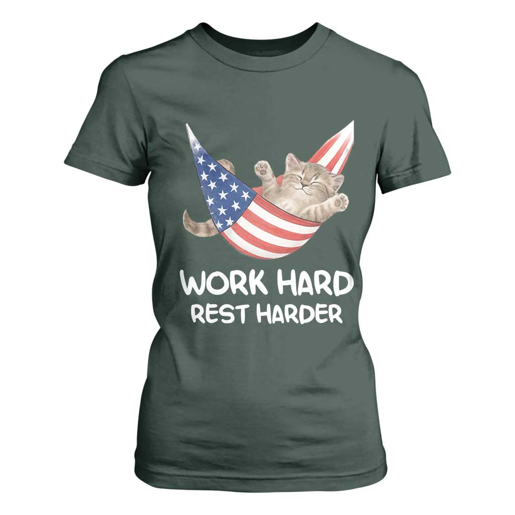 Funny Lazy Cat T Shirt For Women Work Hard Rest Harder Cute Kitty Humor TS14 Dark Forest Green Print Your Wear