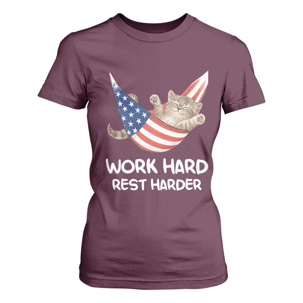 Funny Lazy Cat T Shirt For Women Work Hard Rest Harder Cute Kitty Humor TS14 Maroon Print Your Wear