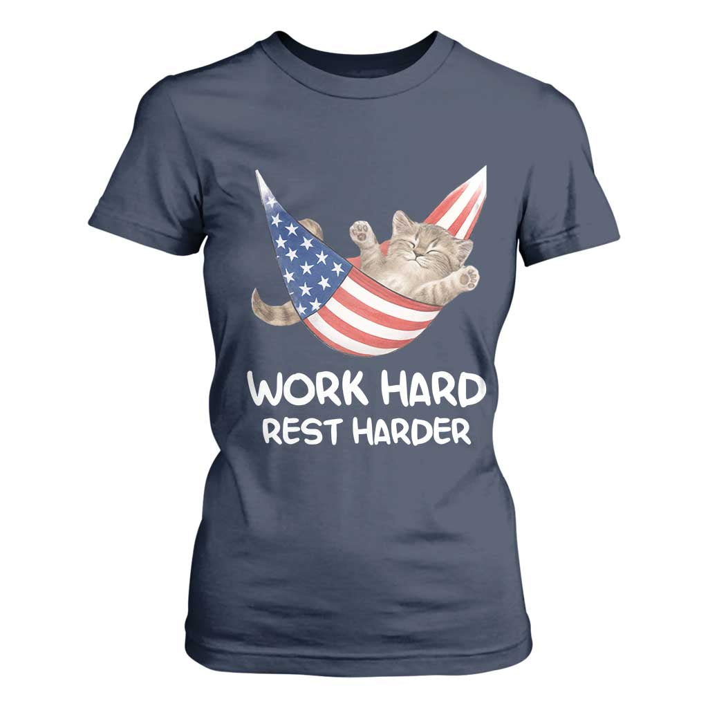 Funny Lazy Cat T Shirt For Women Work Hard Rest Harder Cute Kitty Humor TS14 Navy Print Your Wear