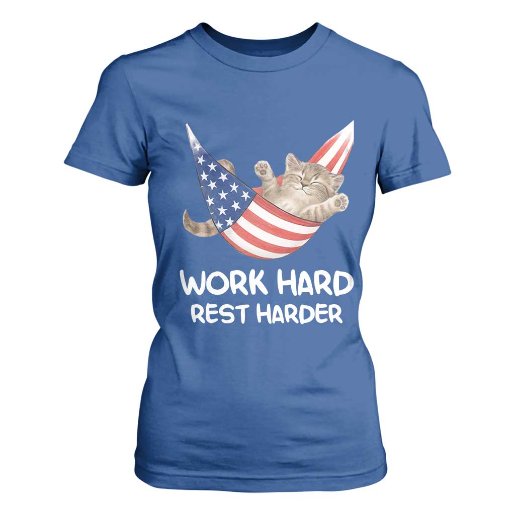 Funny Lazy Cat T Shirt For Women Work Hard Rest Harder Cute Kitty Humor TS14 Royal Blue Print Your Wear