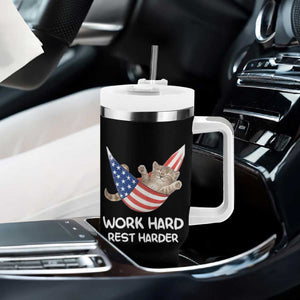 Funny Lazy Cat Tumbler With Handle Work Hard Rest Harder Cute Kitty Humor TS14 Print Your Wear