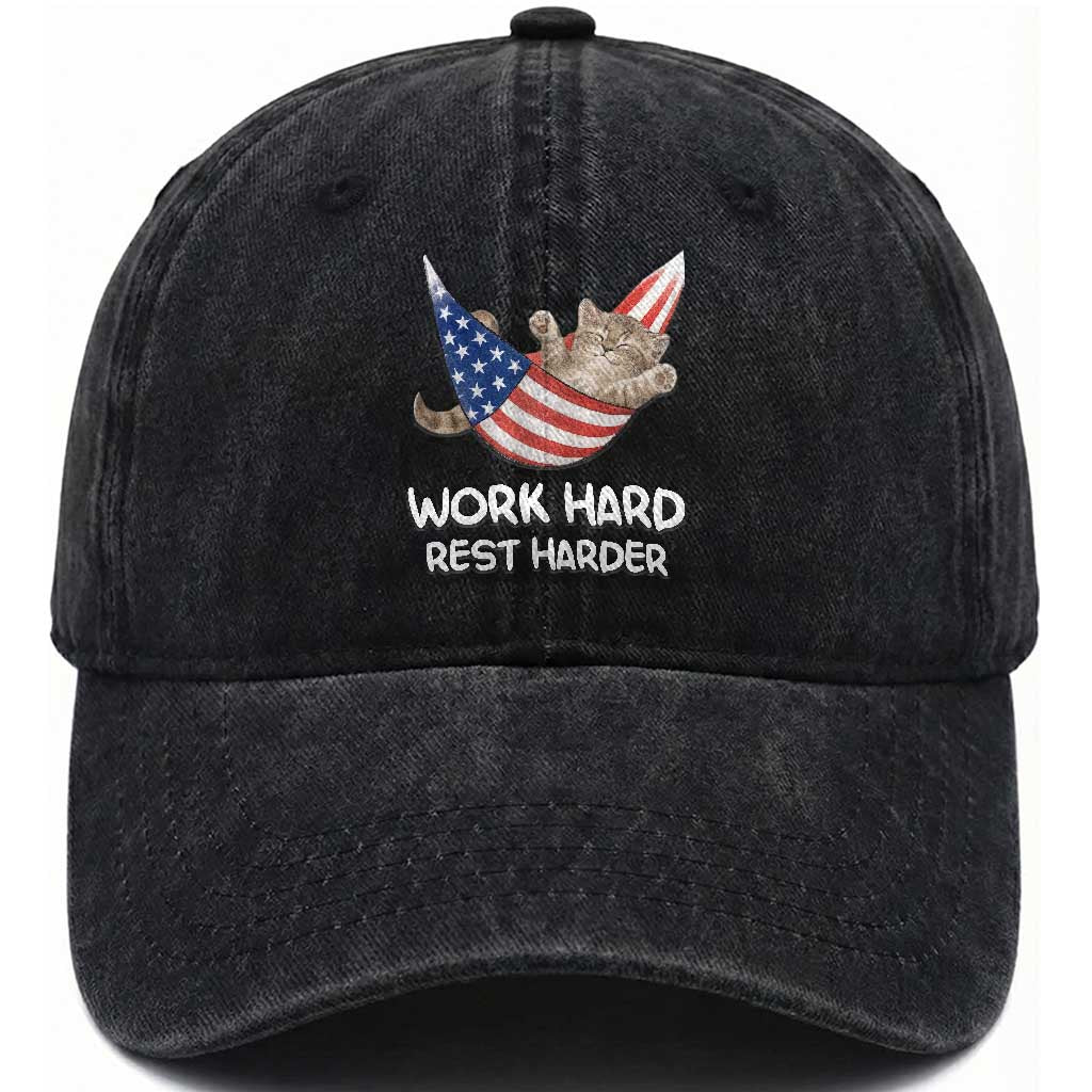 Funny Lazy Cat Washed Cotton Baseball Cap Work Hard Rest Harder Cute Kitty Humor TS14 Washed Cap Universal Fit Black Print Your Wear