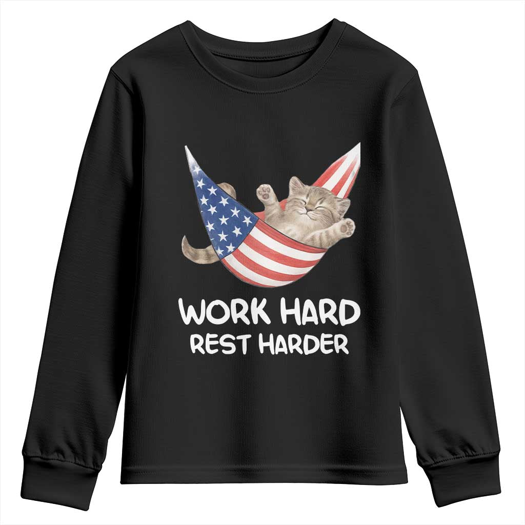 Funny Lazy Cat Youth Sweatshirt Work Hard Rest Harder Cute Kitty Humor TS14 Black Print Your Wear