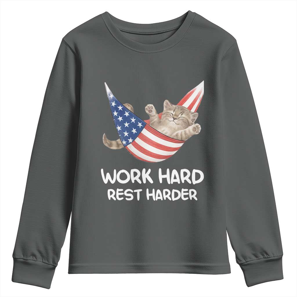 Funny Lazy Cat Youth Sweatshirt Work Hard Rest Harder Cute Kitty Humor TS14 Dark Heather Print Your Wear