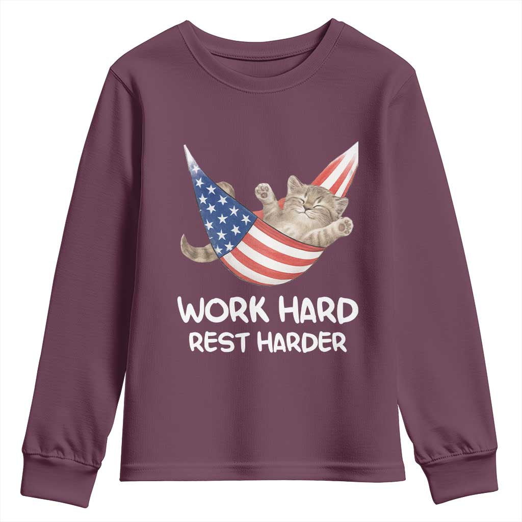 Funny Lazy Cat Youth Sweatshirt Work Hard Rest Harder Cute Kitty Humor TS14 Maroon Print Your Wear