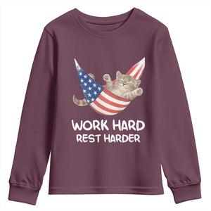 Funny Lazy Cat Youth Sweatshirt Work Hard Rest Harder Cute Kitty Humor TS14 Maroon Print Your Wear