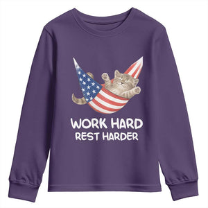 Funny Lazy Cat Youth Sweatshirt Work Hard Rest Harder Cute Kitty Humor TS14 Purple Print Your Wear
