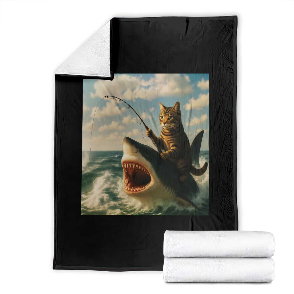 Funny Cat Riding Shark Throw Blanket Fishing Fisherman Ocean Lover Humor TS14 Black Print Your Wear