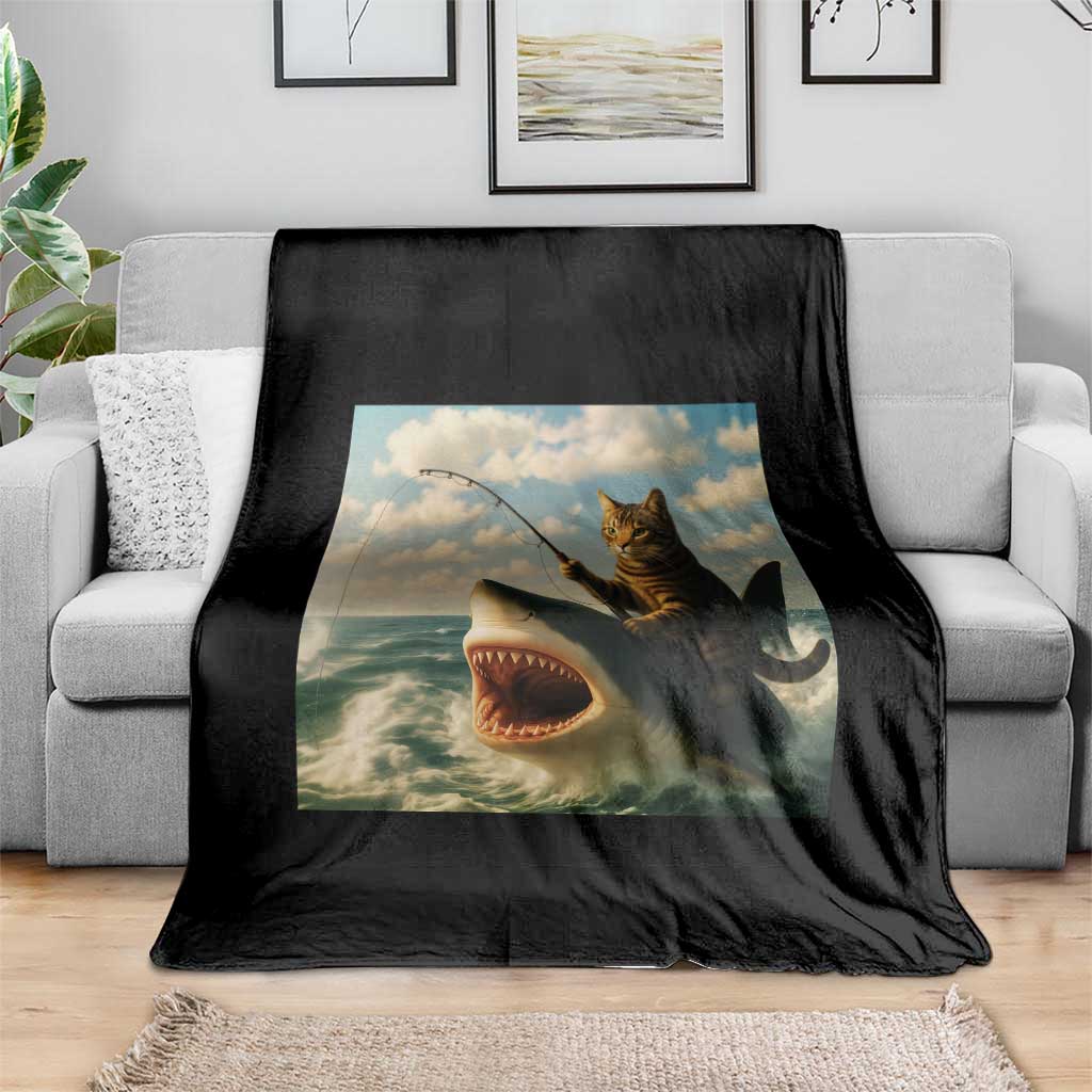 Funny Cat Riding Shark Throw Blanket Fishing Fisherman Ocean Lover Humor TS14 Print Your Wear