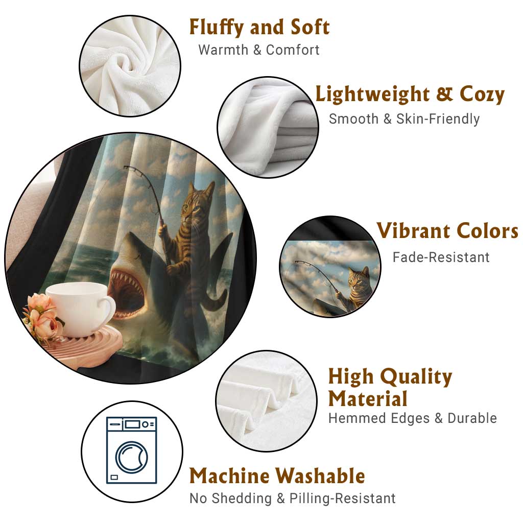 Funny Cat Riding Shark Throw Blanket Fishing Fisherman Ocean Lover Humor TS14 Print Your Wear