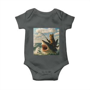 Funny Cat Riding Shark Baby Onesie Fishing Fisherman Ocean Lover Humor TS14 Dark Heather Print Your Wear