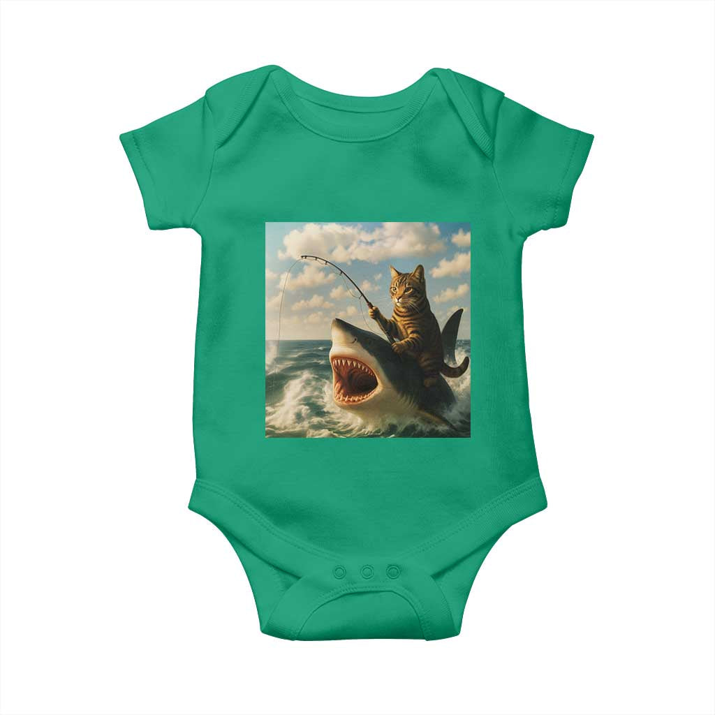 Funny Cat Riding Shark Baby Onesie Fishing Fisherman Ocean Lover Humor TS14 Irish Green Print Your Wear