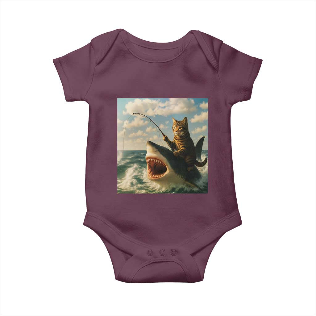 Funny Cat Riding Shark Baby Onesie Fishing Fisherman Ocean Lover Humor TS14 Maroon Print Your Wear