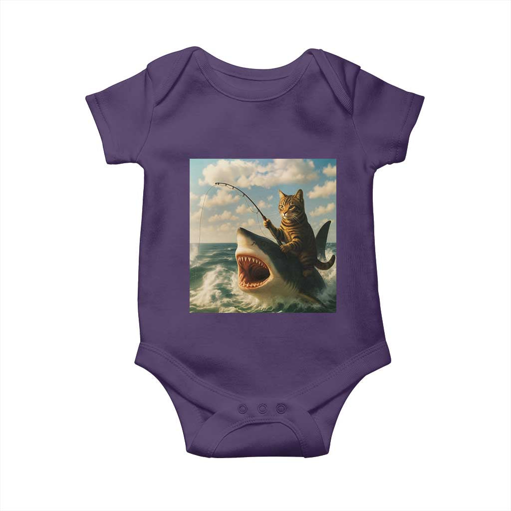 Funny Cat Riding Shark Baby Onesie Fishing Fisherman Ocean Lover Humor TS14 Purple Print Your Wear