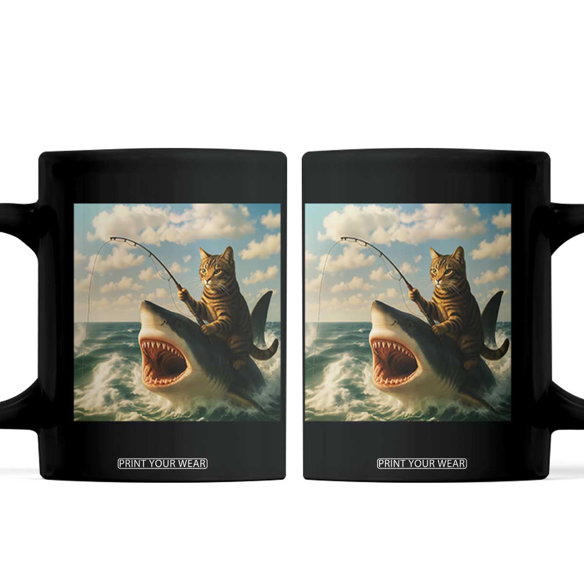 Funny Cat Riding Shark Coffee Mug Fishing Fisherman Ocean Lover Humor TS14 Black Print Your Wear