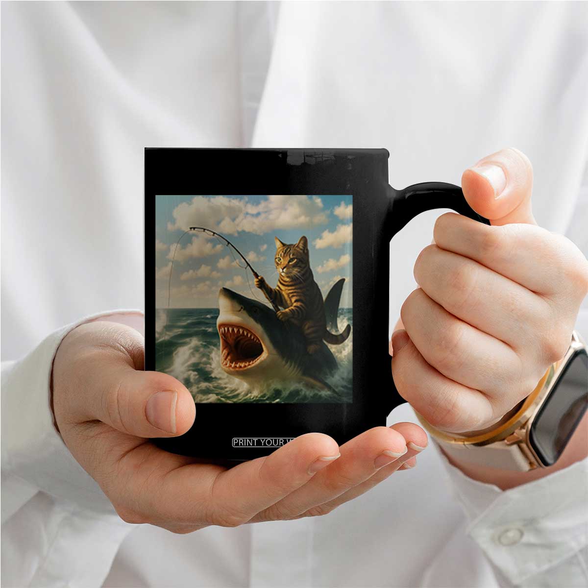 Funny Cat Riding Shark Coffee Mug Fishing Fisherman Ocean Lover Humor TS14 Print Your Wear