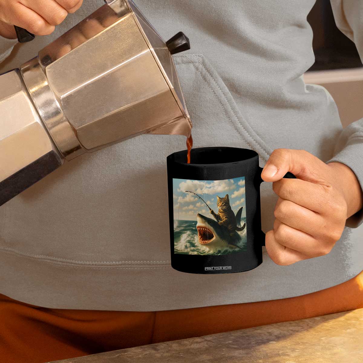Funny Cat Riding Shark Coffee Mug Fishing Fisherman Ocean Lover Humor TS14 Print Your Wear