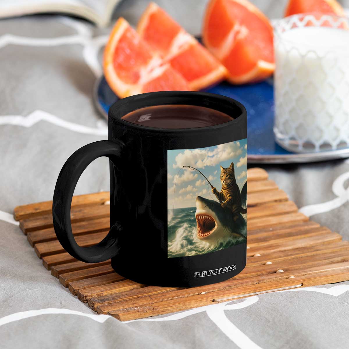 Funny Cat Riding Shark Coffee Mug Fishing Fisherman Ocean Lover Humor TS14 Print Your Wear