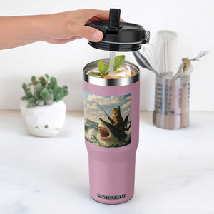 Funny Cat Riding Shark Flip Straw Tumbler Fishing Fisherman Ocean Lover Humor TS14 One Size: 30 oz Light Pink Print Your Wear
