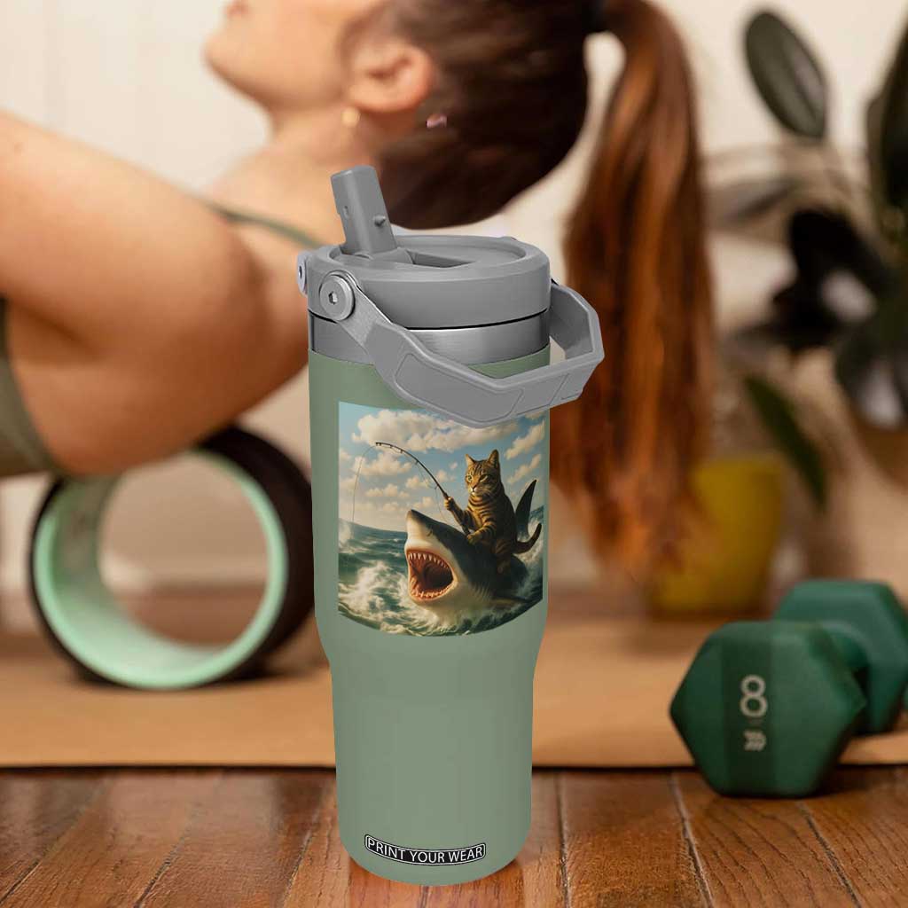 Funny Cat Riding Shark Flip Straw Tumbler Fishing Fisherman Ocean Lover Humor TS14 One Size: 30 oz Moss Green Print Your Wear