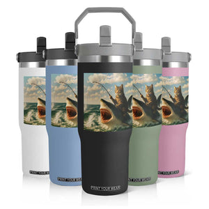 Funny Cat Riding Shark Flip Straw Tumbler Fishing Fisherman Ocean Lover Humor TS14 Print Your Wear