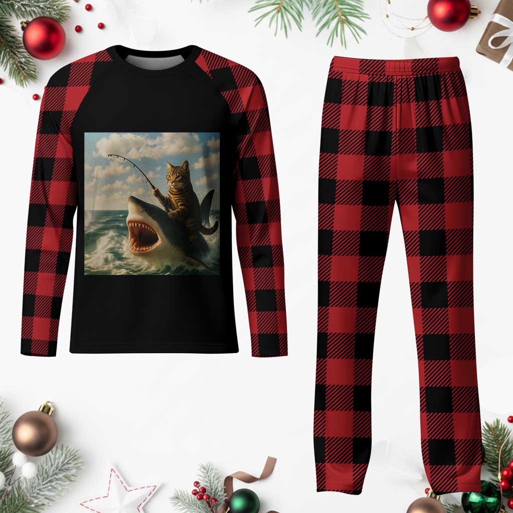 Funny Cat Riding Shark Plaid Pajama Set Fishing Fisherman Ocean Lover Humor TS14 Buffalo Plaid Print Your Wear